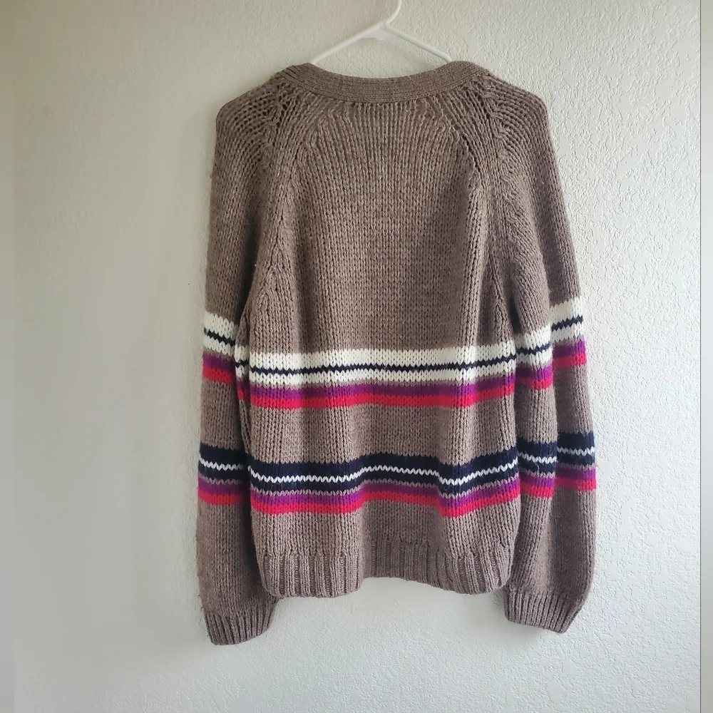 XíRENA Open‎ Cardigan Brown Striped Alpaca Blend Preppy Grampacore Boho FLAW
